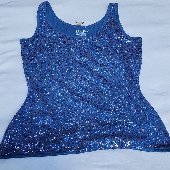 TEEZ-HER blue sequin tank, body con with elastic bottom Sz Large Chic Clubwear - Picture 1 of 8